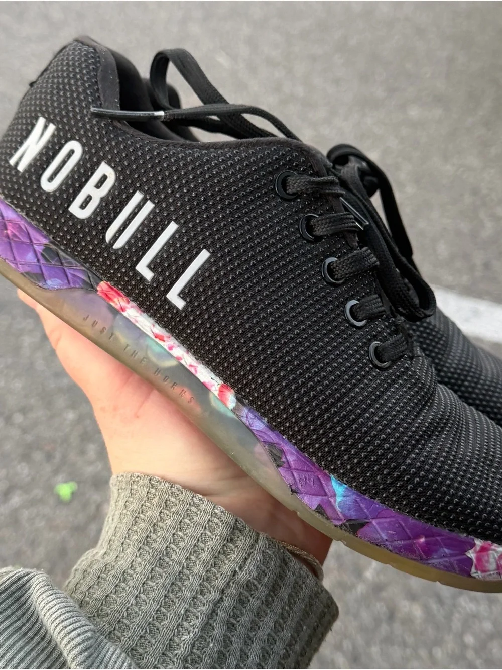 NOBULL Women's Black Trainer with Purple and Multicolor Accent Sole